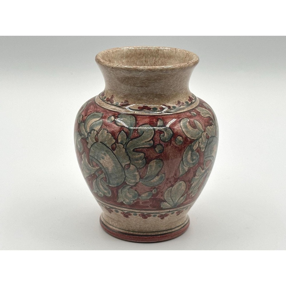 Biagioli Gubbio Italy Art Pottery Vase Hand Painted Floral Red Green Vintage 5"
